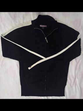 Lauren Ralph Lauren Womens Black Zip-Up Sweater with White Trim 100%cotton